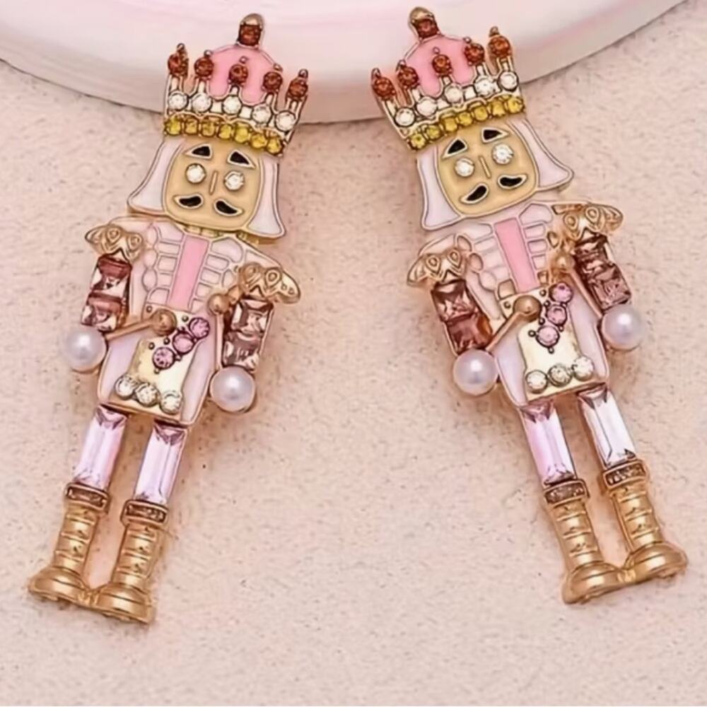 Pink Enamel Gold Rhinestone Nutcracker Dangle Statement Holiday Earrings